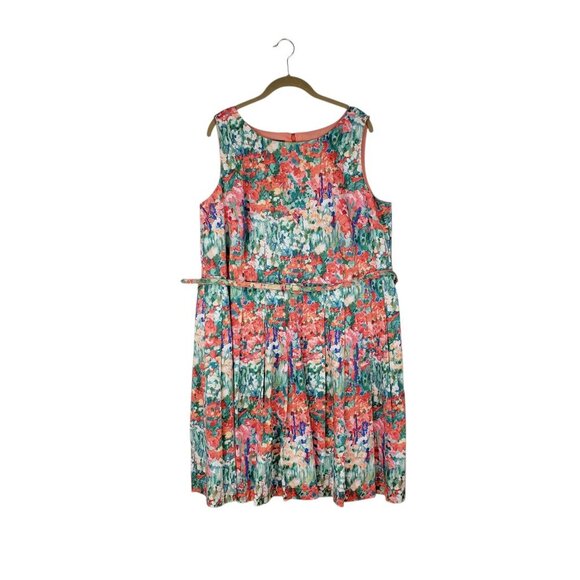 Talbots Fit & Flare Dress Orange Watercolor Sleeveless Retro Belted Size 16W - Picture 1 of 11